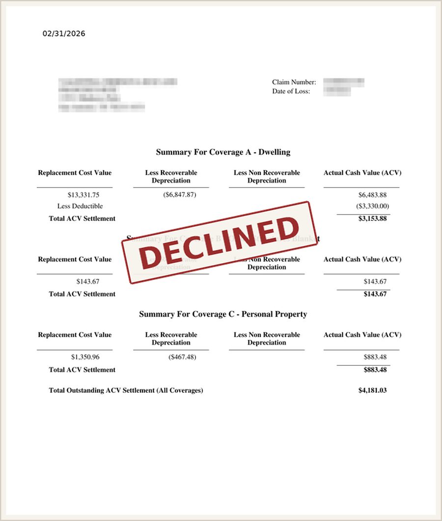 Initial claim summary marked Declined