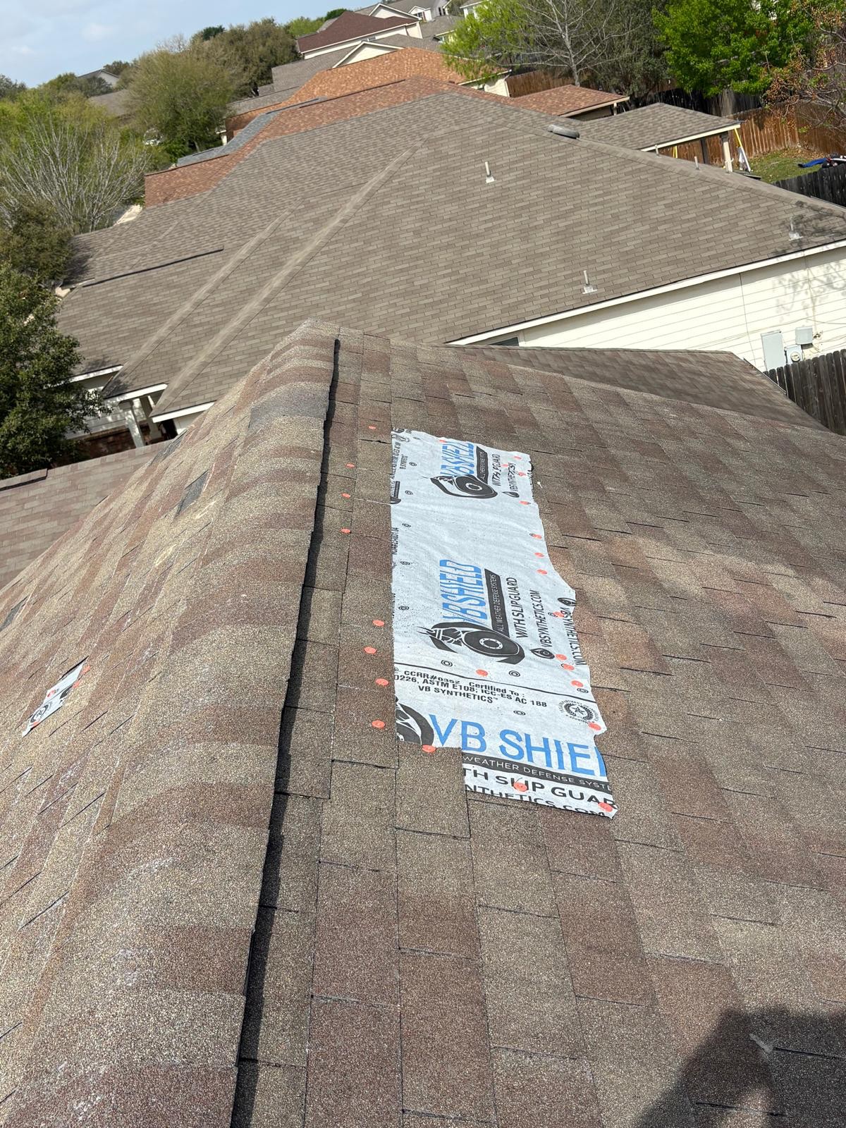 Residential roof with temporary synthetic cover nailed over damaged shingles
