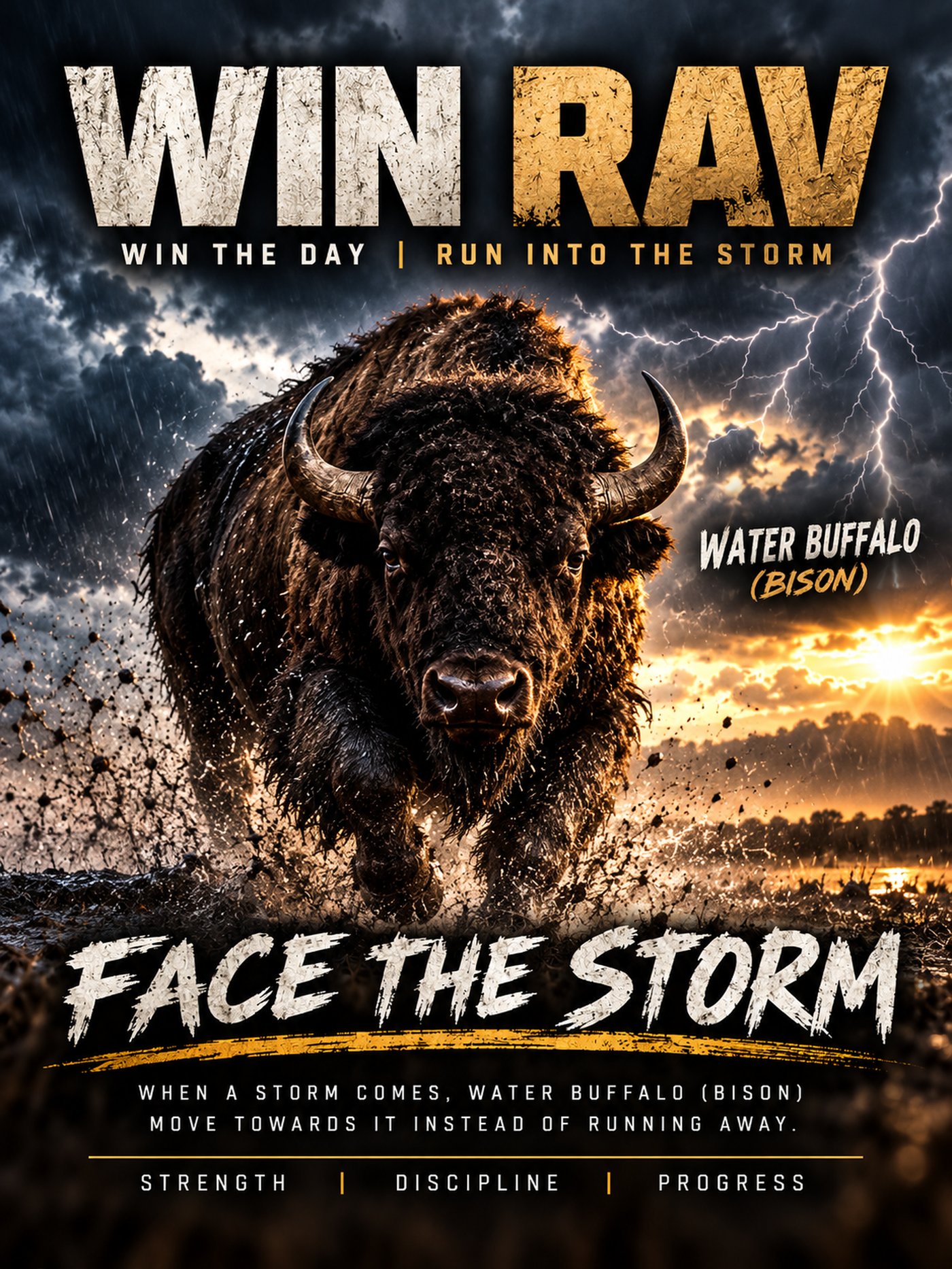 WIN RAV poster: water buffalo (bison) running into the storm. Face the storm. Strength, discipline, progress.