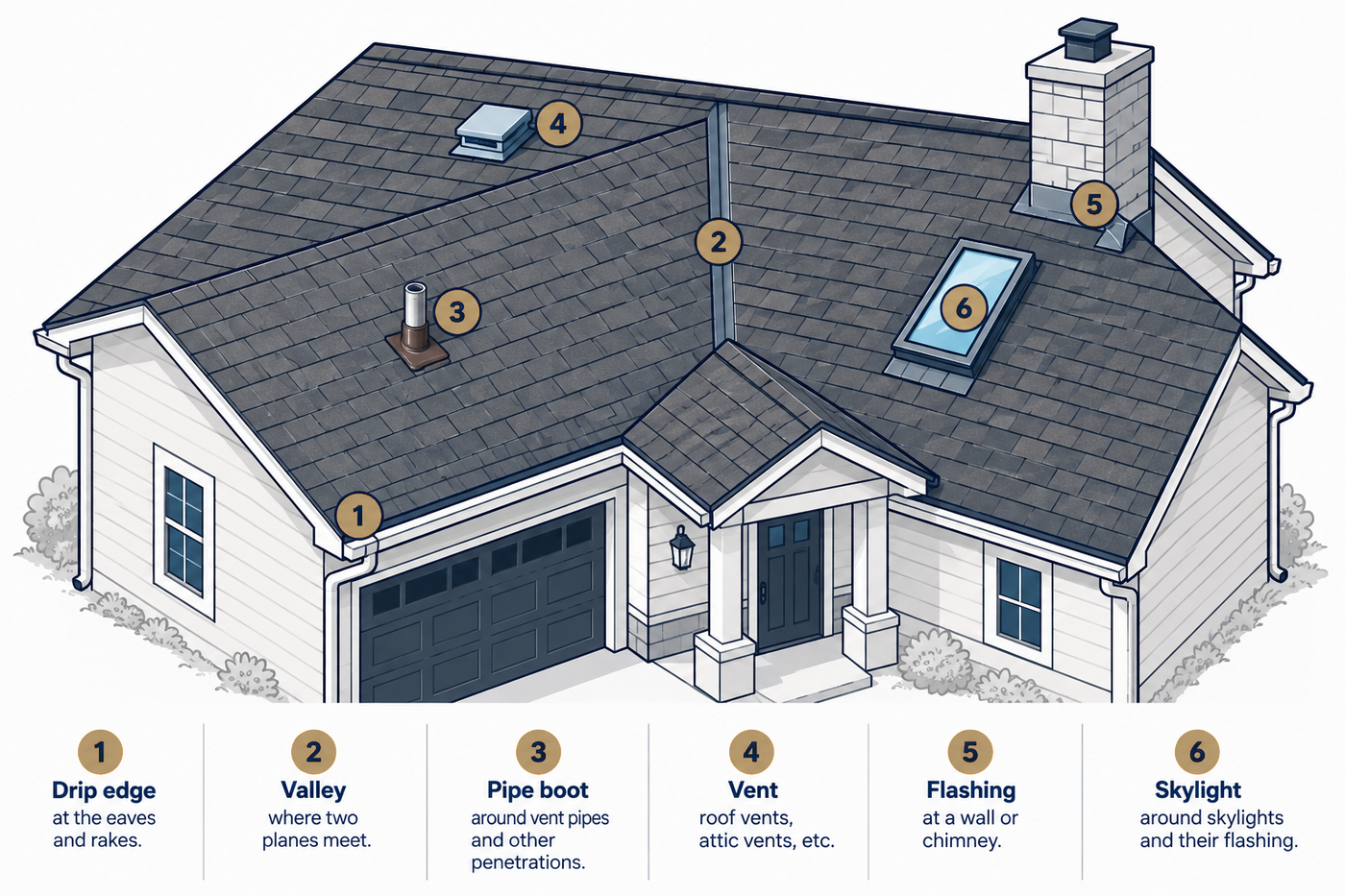 Roof diagram labeling drip edge, valley, pipe boot, vent, flashing, and skylight.