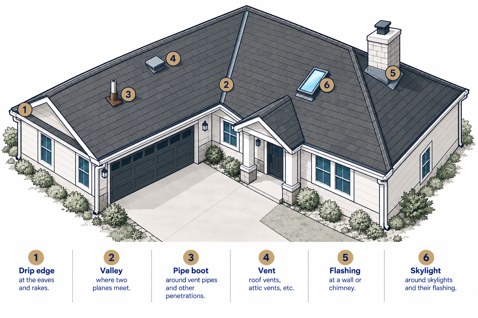 Roof diagram labeling drip edge, valley, pipe boot, vent, flashing, and skylight.